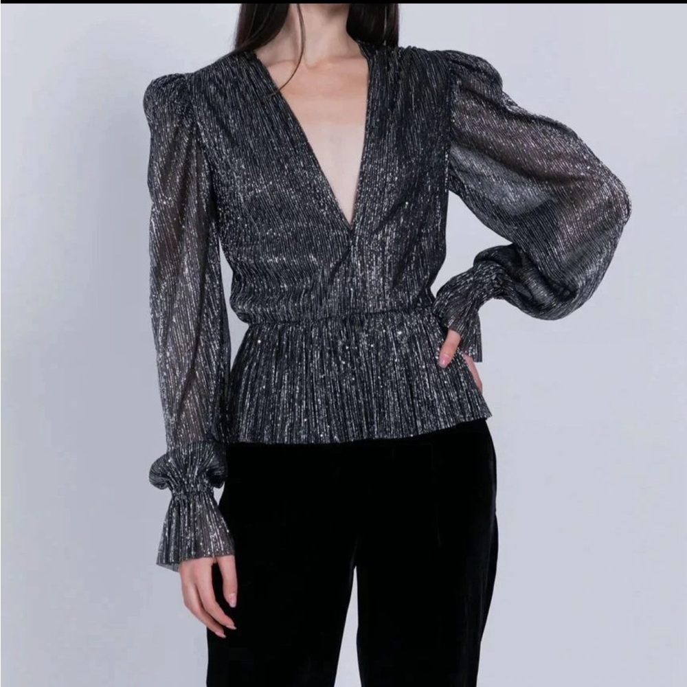 Sabina Musayev Black Metallic Peplum Blouse
